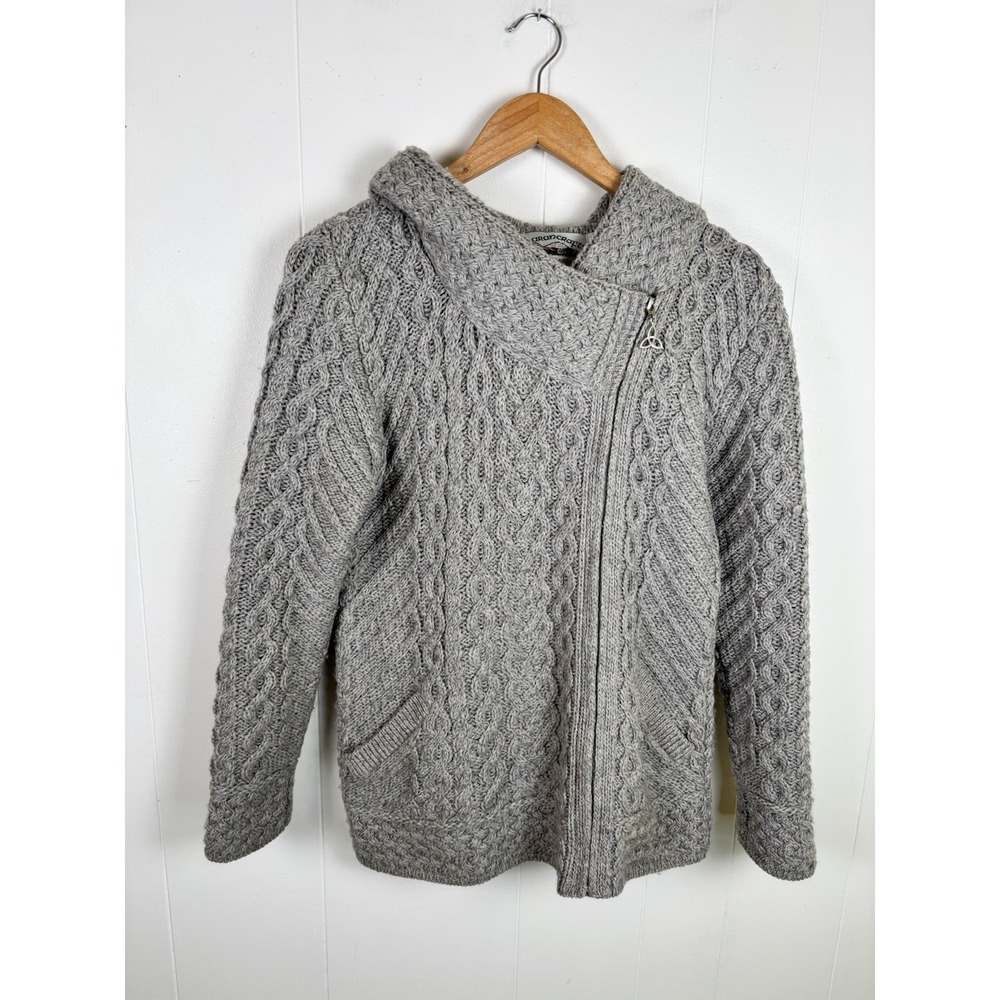 Aran Crafts Sz Small Gray Cable Knit Hooded Cardigan Sweater 100% Merino Wool‎